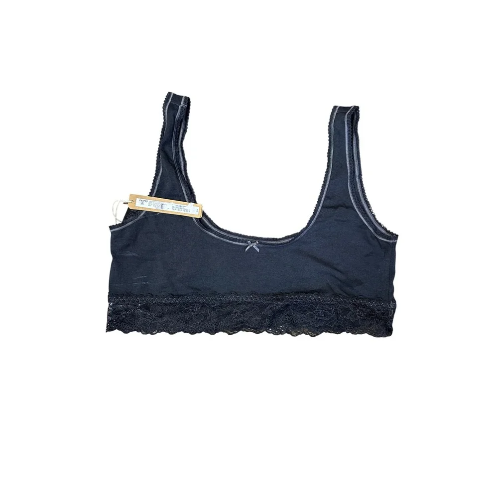 Skims L Lace Trim Bralette Onyx Black Scoop Neck Wireless Bra Size L New - Picture 2 of 5